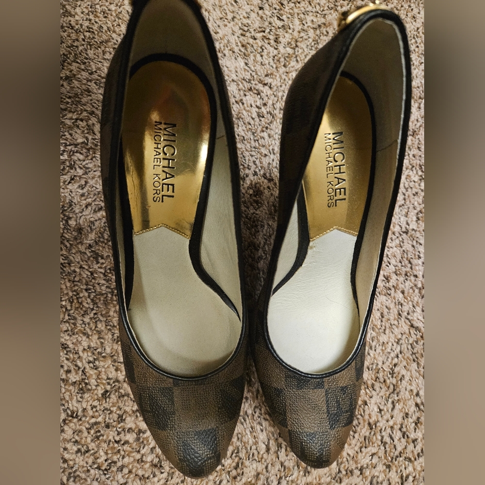 Michael Kors Signature MK Monogrammed Brown Hamilton platform pump